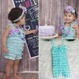 Birthday Cake Smash Outfit Girl green / mint Lace Romper Baby Pettirompe…